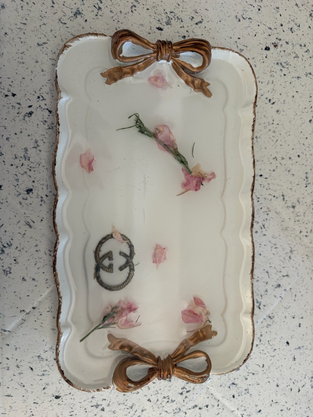 Decorative Cream Ceramic Tray with Gold Bow Handles